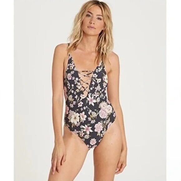 Billabong Floral Lace-Up One Piece Swimsuit - Black and Pink - Picture 1 of 12
